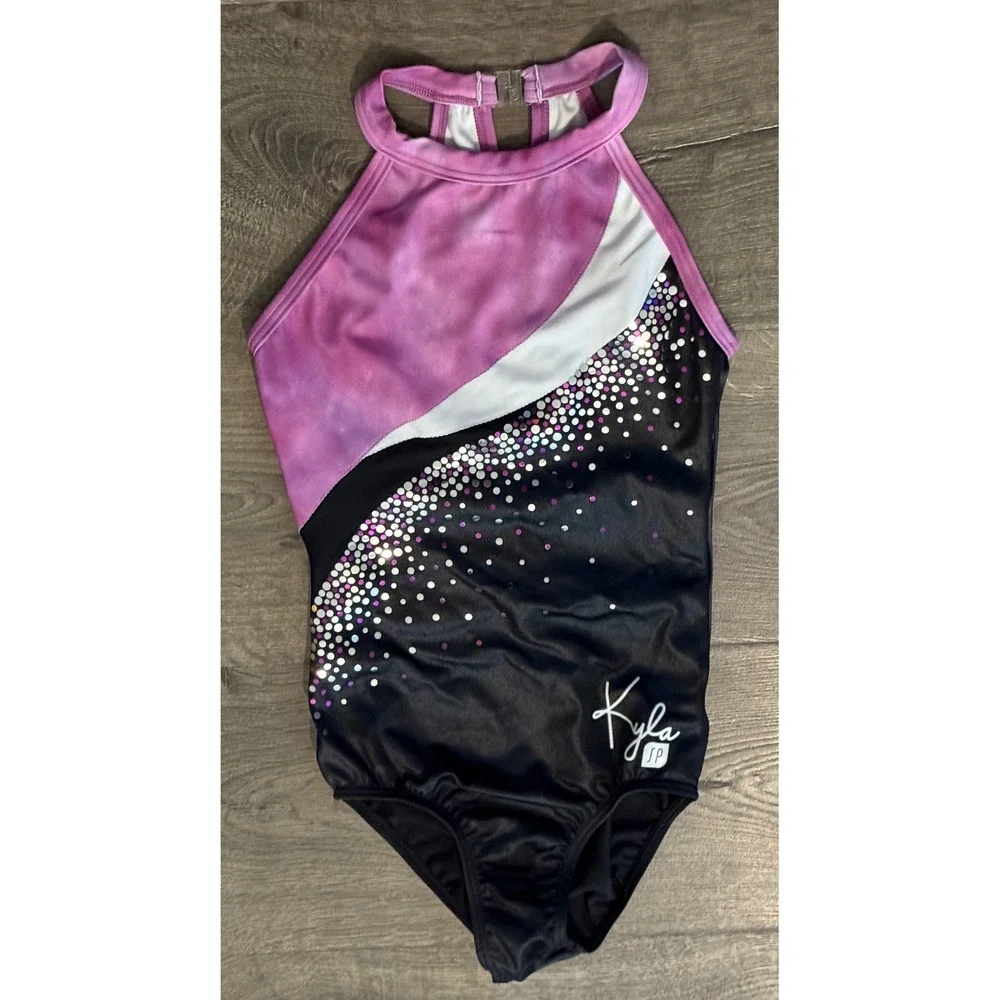 Kyla Ross Sylvia P Girls Gymnastics Leotard Purple Black Sequin High Neck Halter